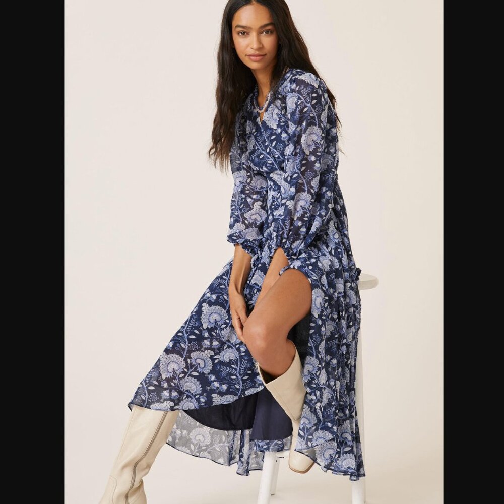 Anthropologie Hutch Geo Wrap Maxi Dress, Blue Floral